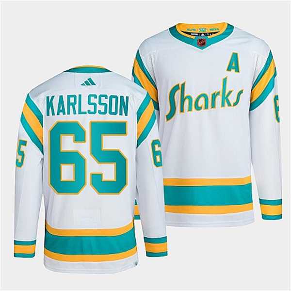Mens San Jose Sharks #65 Erik Karlsson White 2022 Reverse Retro Stitched Jersey Dzhi->san jose sharks->NHL Jersey